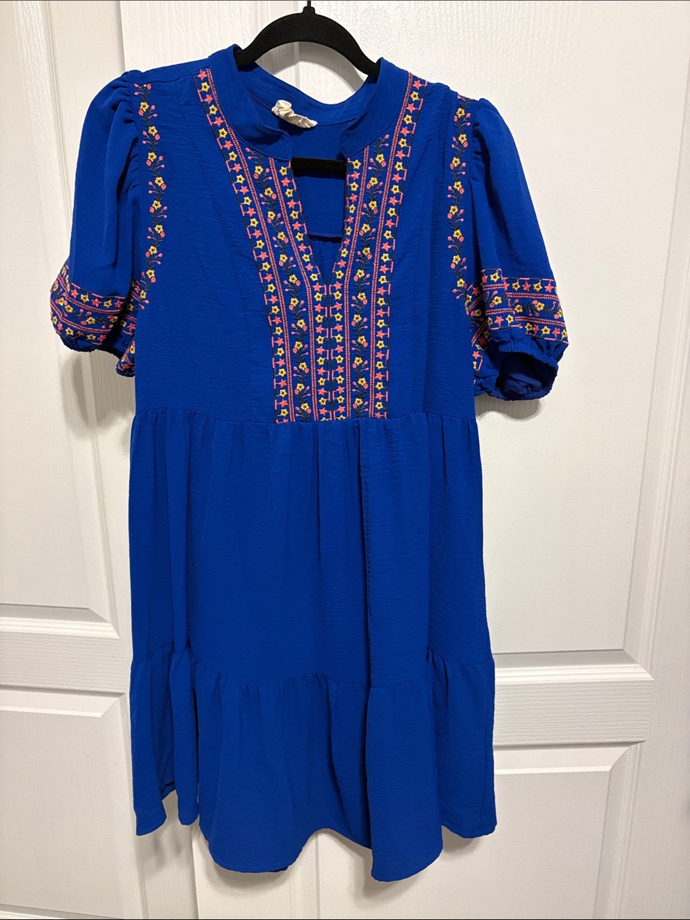 Umgee Royal Blue Embroidered Puff-Sleeve Tiered Dress
